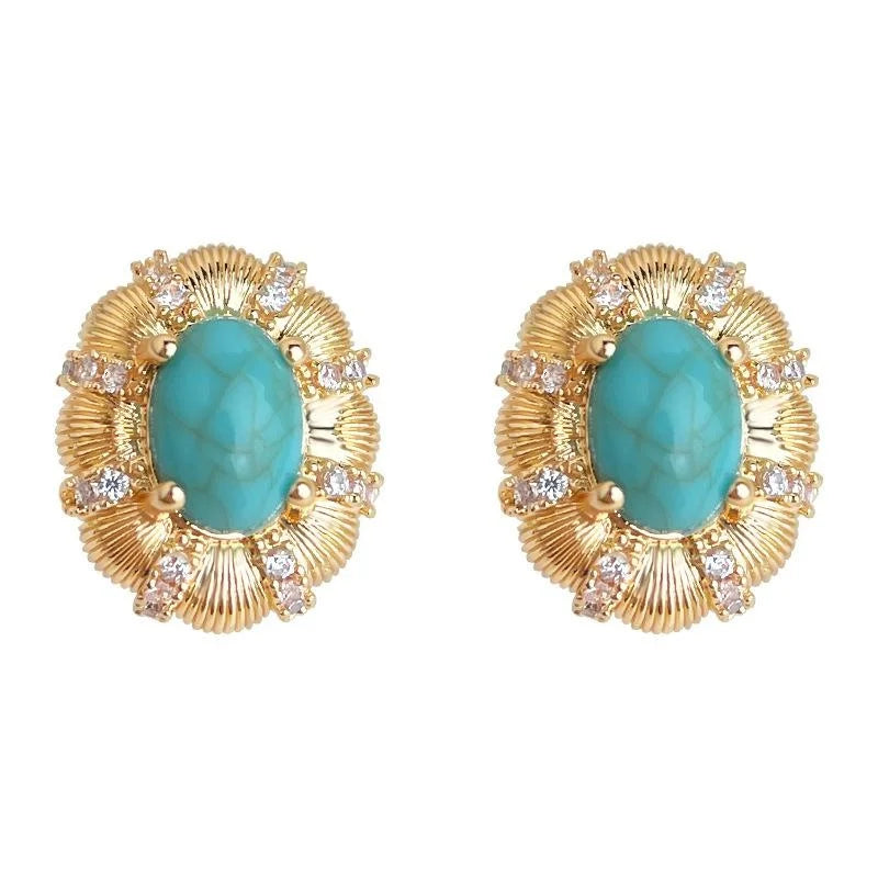 Vintage Oval Synthetic Turquoise Zircon Micro Pave Copper Stud Earrings With Silver Plated Pins