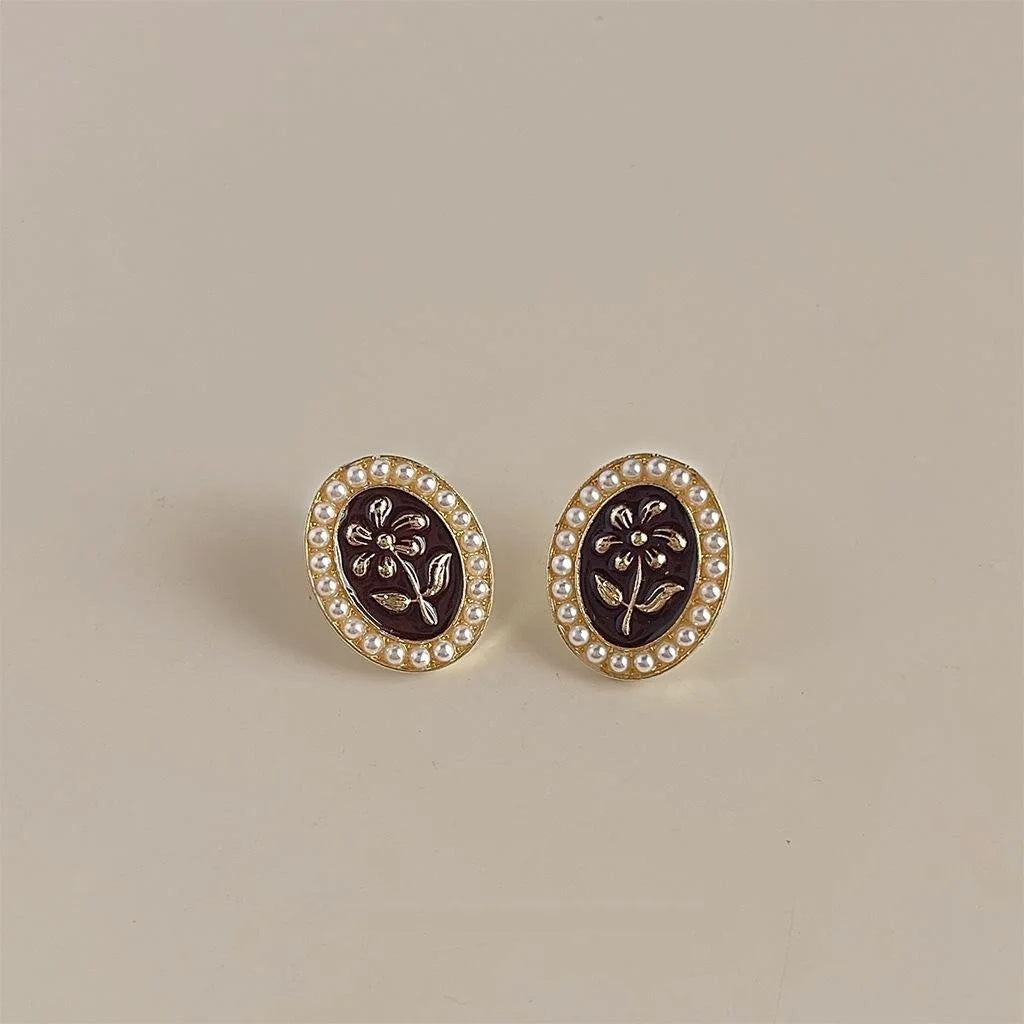 Vintage Burgundy Alloy Pearl Flower Stud Earrings Handmade Enamel Oval Hepburn Style