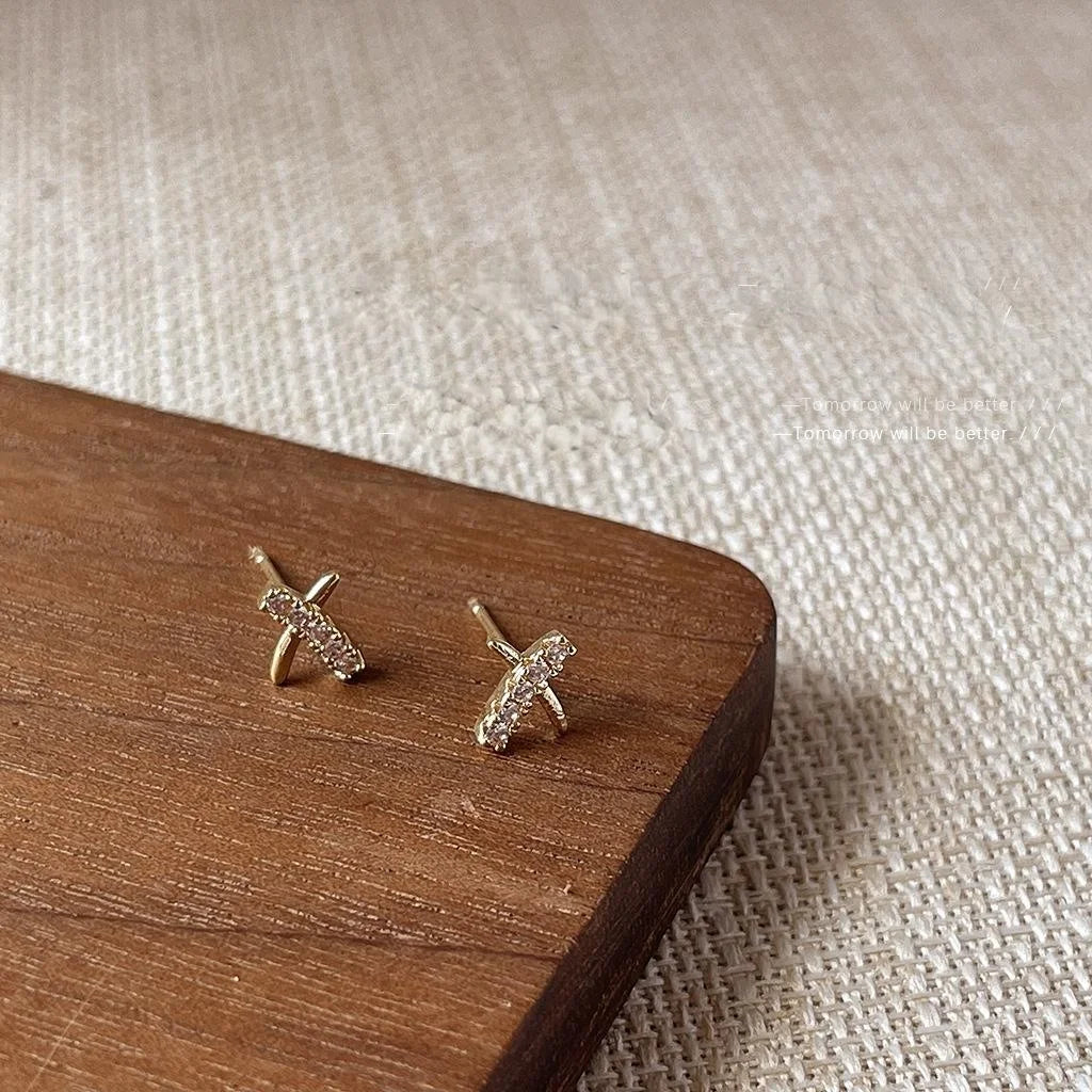 14K Gold Plated Copper Mini Cross Stud Earrings With Micro Pave Zircon Minimalist Geometric Daily Jewelry