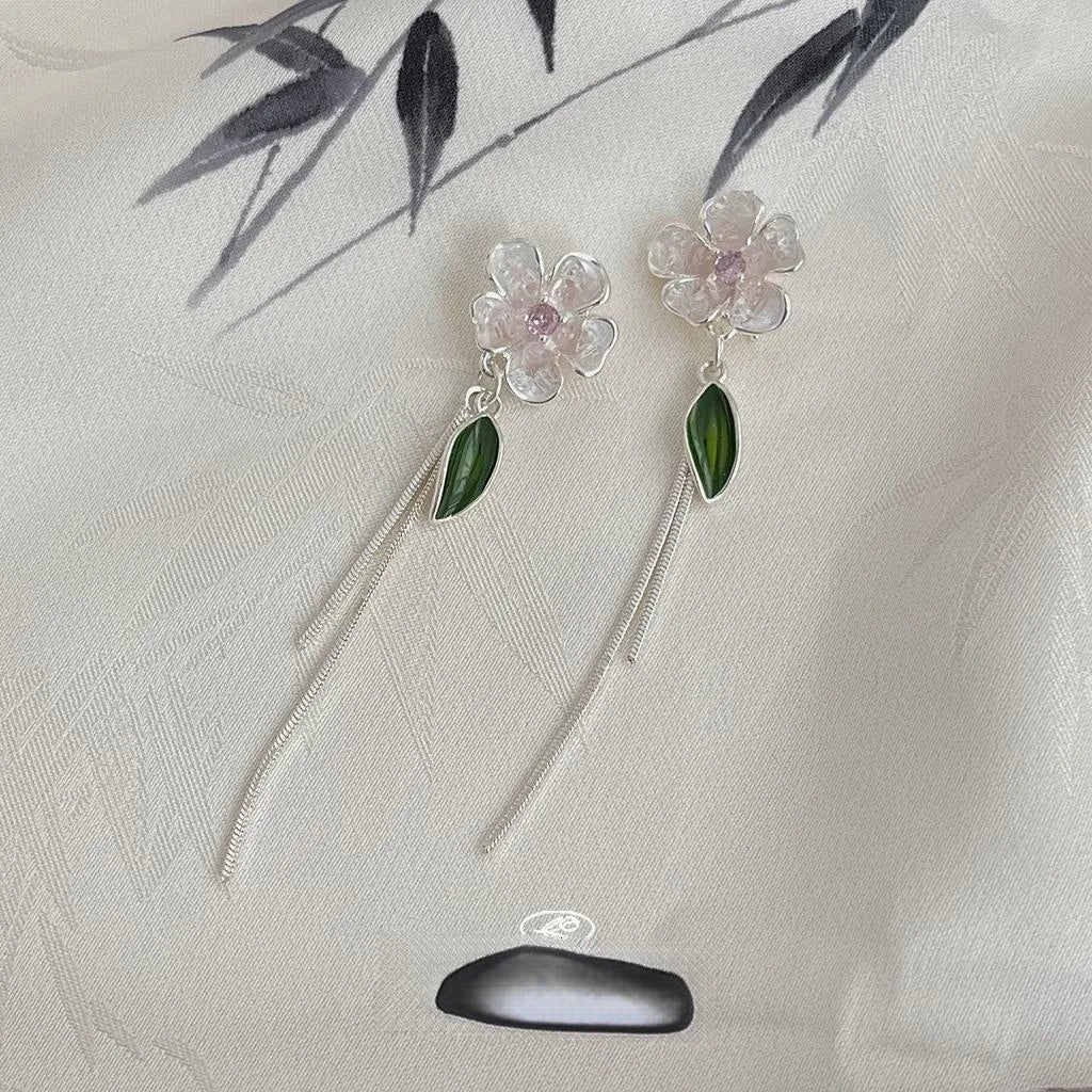 Sweet Floral Glass Crystal Micro Pave Zircon Long Tassel Drop Earrings