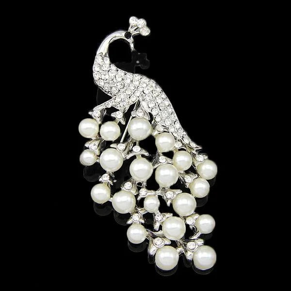 Elegant 18K Gold Plated Peacock Brooch With White Faux Pearls And Rhinestones, Luxury Lapel Pin Gift