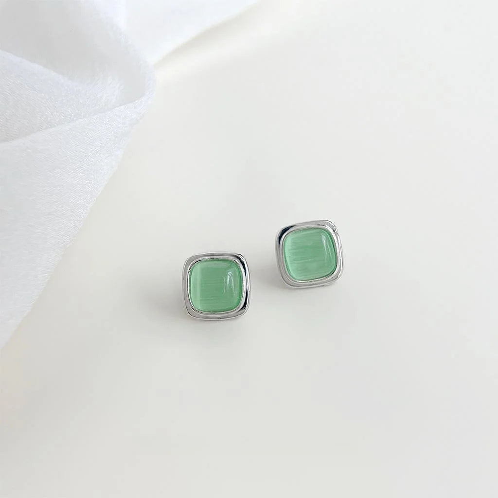 Minimalist Green Glass Cat Eye Stone Square Geometric Copper Stud Earrings For Women