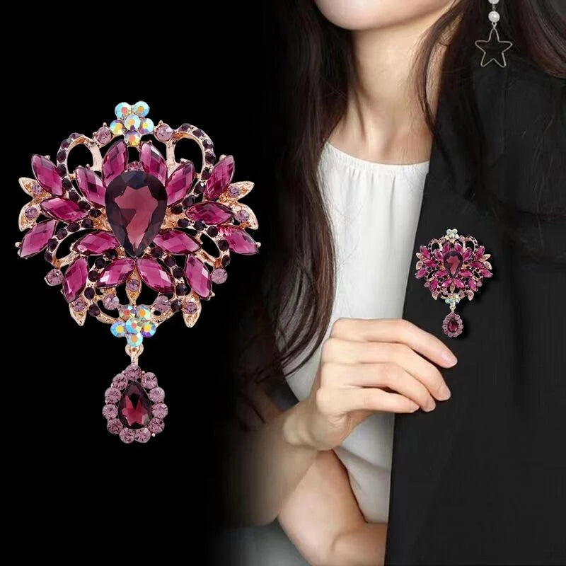 Luxury Rhinestone Flower Bouquet Brooch With Teardrop Crystal Dangle, Elegant Lapel Pin Suit Accessory