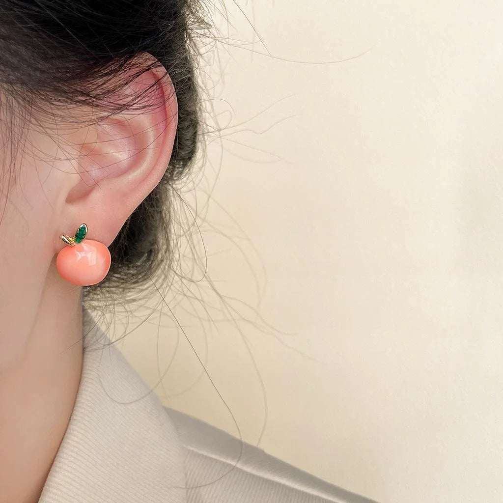 Sweet Pink Apple Enamel Drip Glaze Copper Stud Earrings Cute Geometric Jewelry