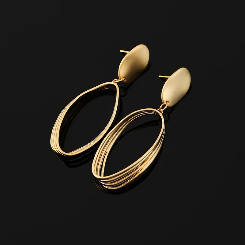 Elegant Matte Gold Alloy Oval Spiral Hoop Drop Stud & Clip On No Piercing Statement Earrings