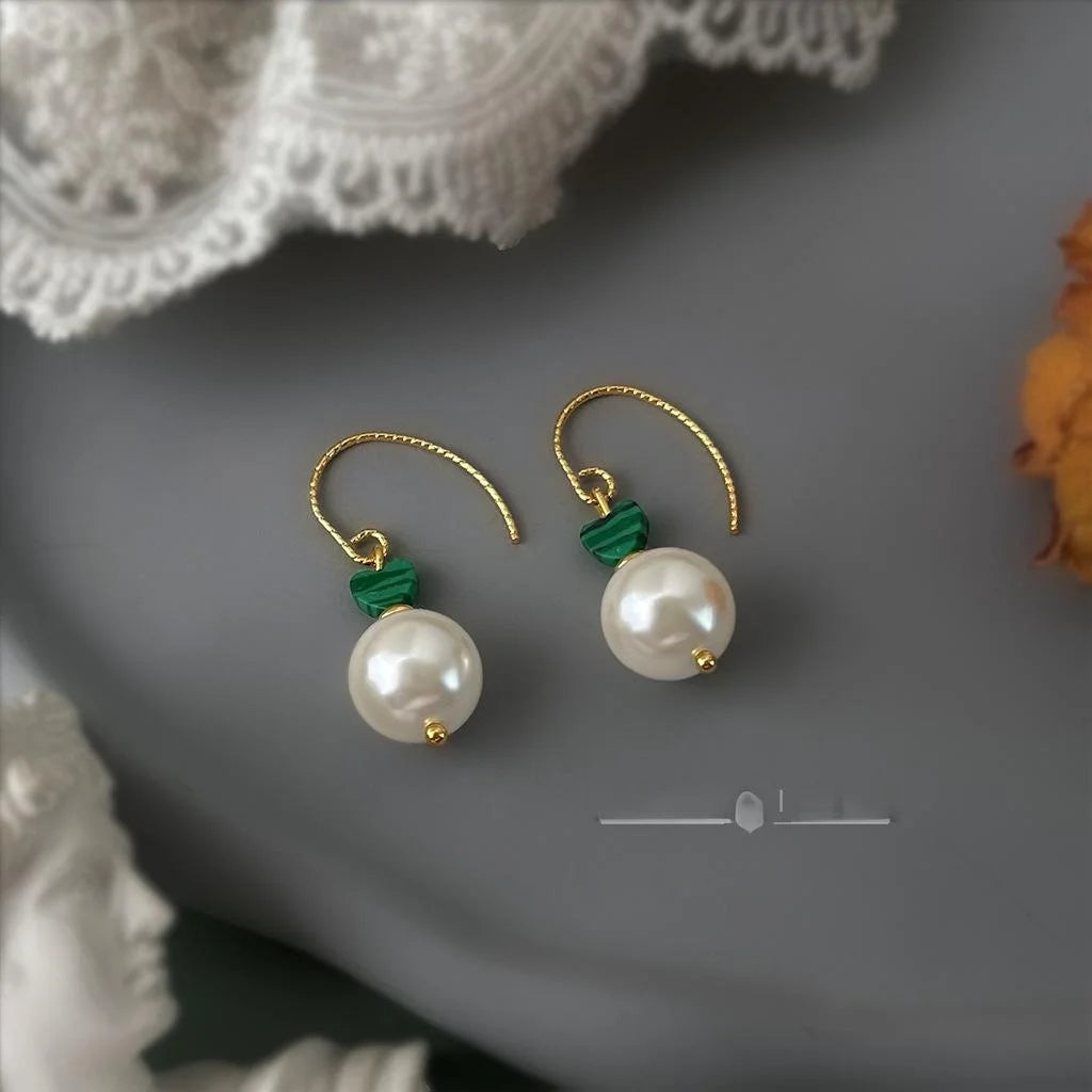 Vintage Ethnic New Chinese Glass Pearl Synthetic Malachite Geometric Round Drop Earrings