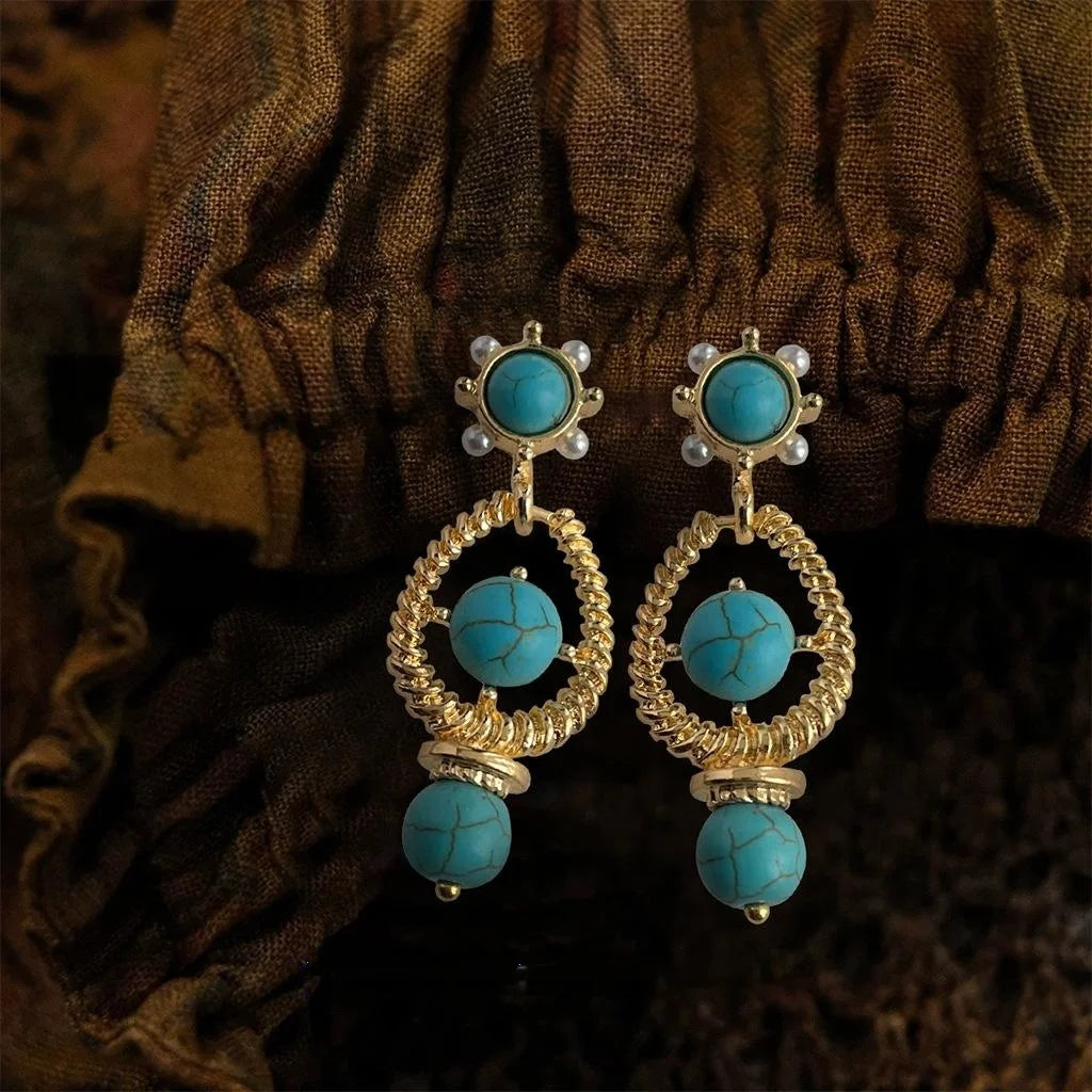 Vintage French High Luster Pearl Synthetic Turquoise Hollow Teardrop Drop Earrings