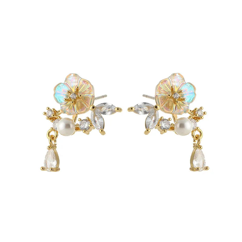 Elegant Flower Shell Pearl Rhinestone Alloy Stud & Clip On No Piercing Summer Forest Style Earrings