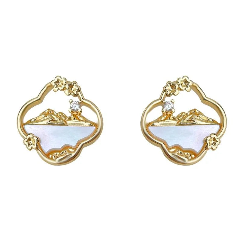 14K Gold Plated Copper Shell Flower Petal Micro Pave Zircon Light Luxury Stud Earrings