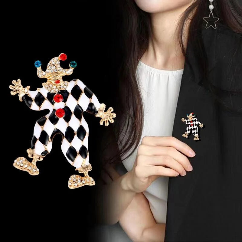 Vintage Circus Clown Enamel Rhinestone Brooch, Black White Harlequin Lapel Pin Suit Accessory Gift