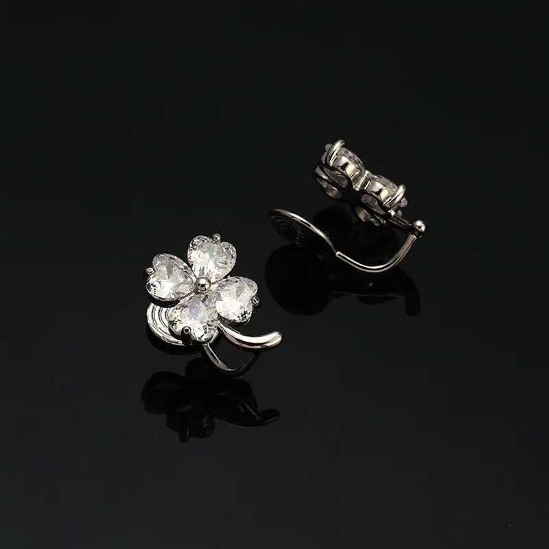 Elegant Alloy Zircon Lucky Clover Flower Stud & Clip On No Piercing Commuter Ear Cuff Earrings