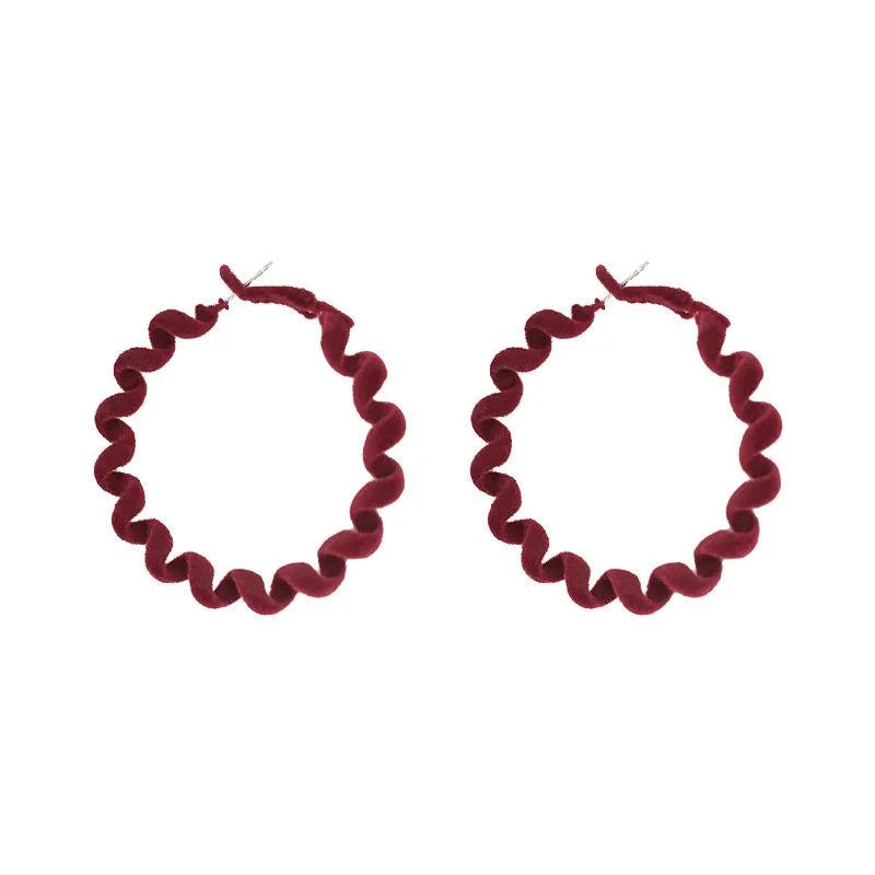 Burgundy Flocked Metal Hoop Earrings With Silver Plated Posts, Winter Geometric Coil Style