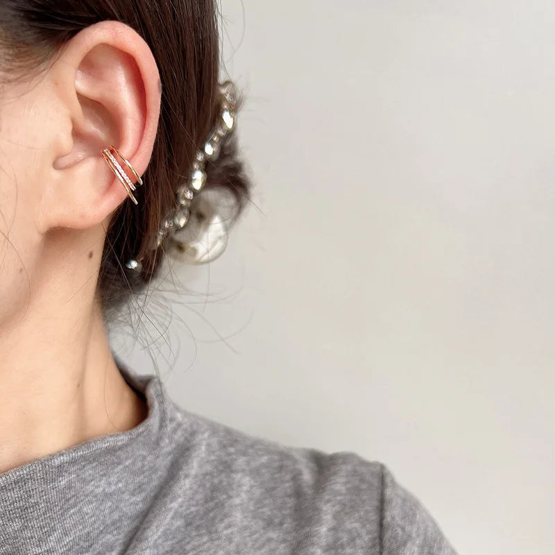 Elegant Champagne Gold Alloy Triple Hoop Rhinestone Ear Cuff Stud & Clip On No Piercing Earrings