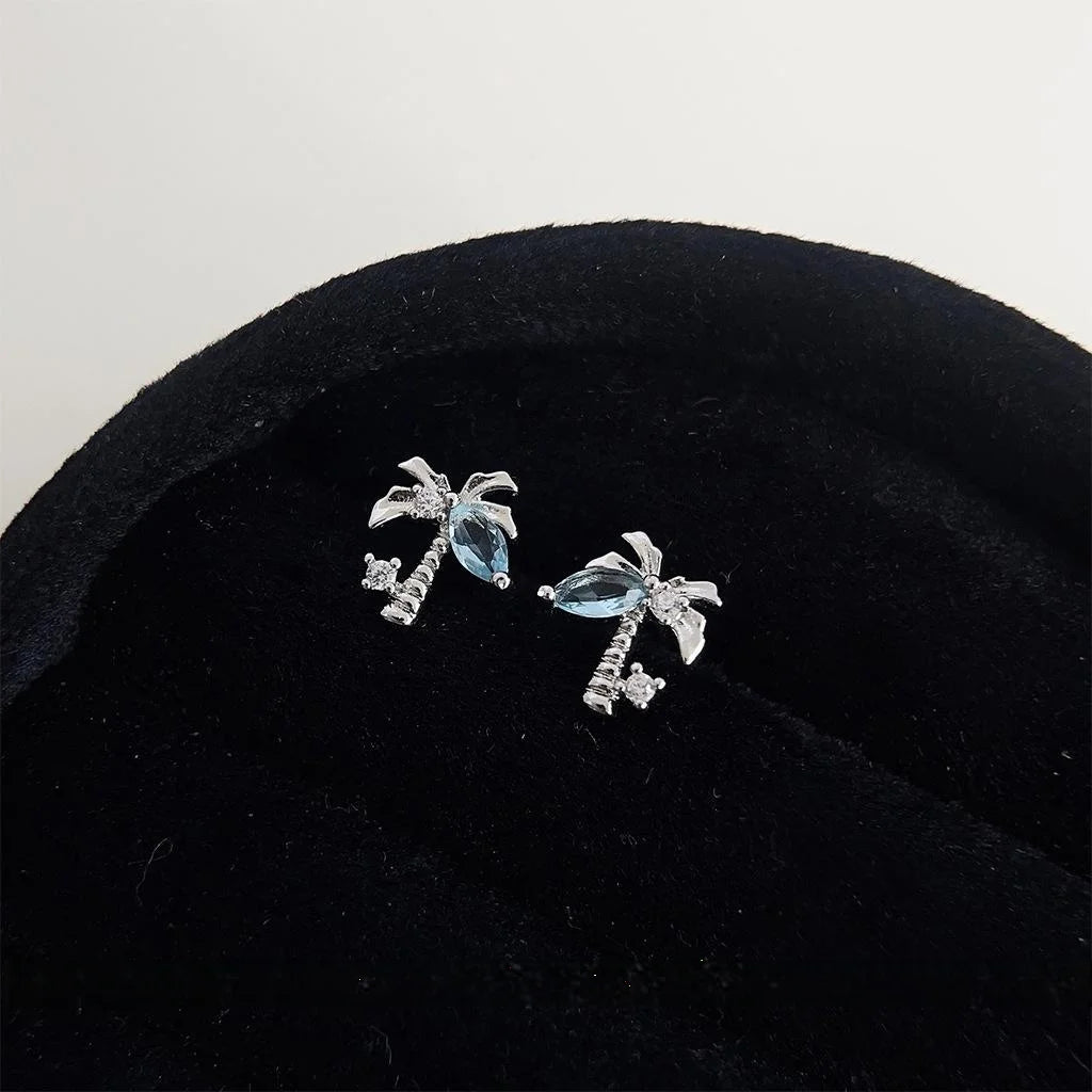 Mini Copper Coconut Tree Stud Earrings, Sweet Cool Fresh Leaf Designer Jewelry