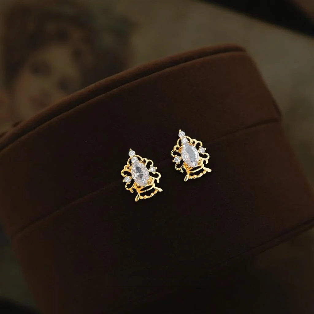 Light Luxury Copper Zircon Crown Stud Earrings For Women Minimalist Geometric Line Jewelry