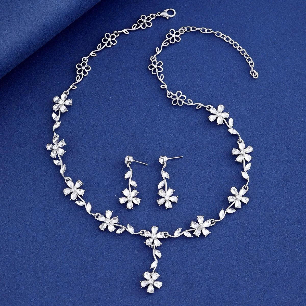 Luxury Floral Zircon Jewelry Set Elegant Silver Tone Necklace Earrings For Wedding Party Banquet Gift