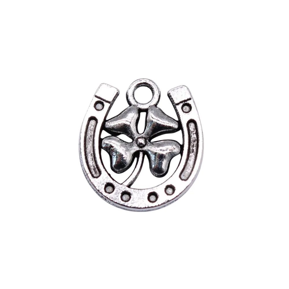 16x15mm 1.3g Antique Silver Zinc Alloy Four Leaf Clover Horseshoe Charm Pendant for DIY Jewelry Making