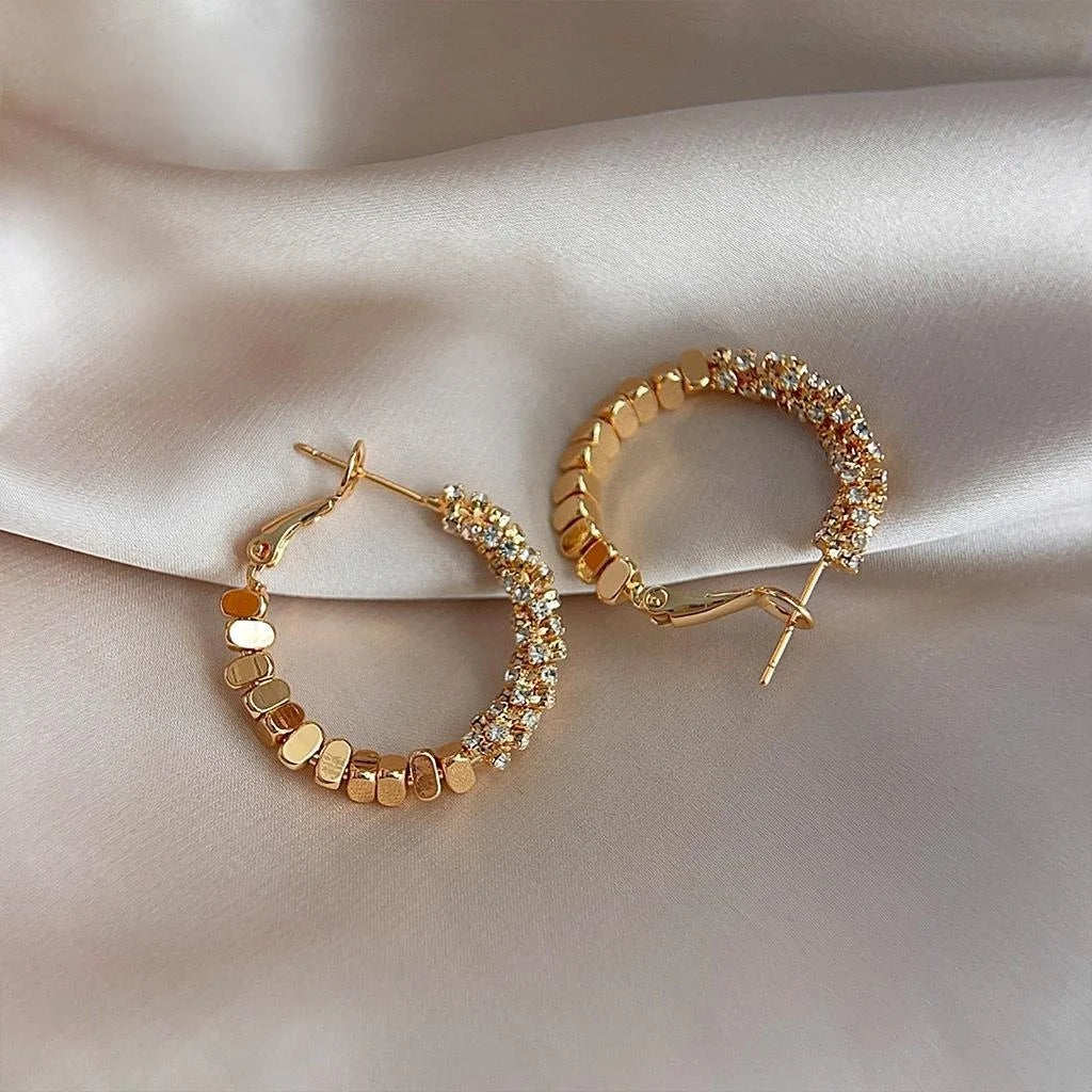 14K Gold Plated Copper Rhinestone Round Geometric Drop Earrings Light Luxury Fashion Jewelry