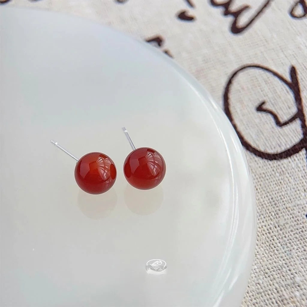 New Chinese Vintage Natural Red Agate Round Geometric Stud Earrings For Women