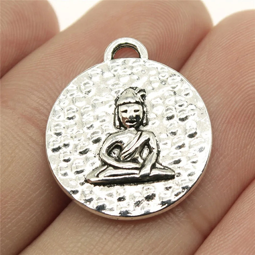 22x20mm 3.5g Antique Silver Zinc Alloy Round Seated Buddha Double Sided Charm Pendant for DIY Necklace Jewelry