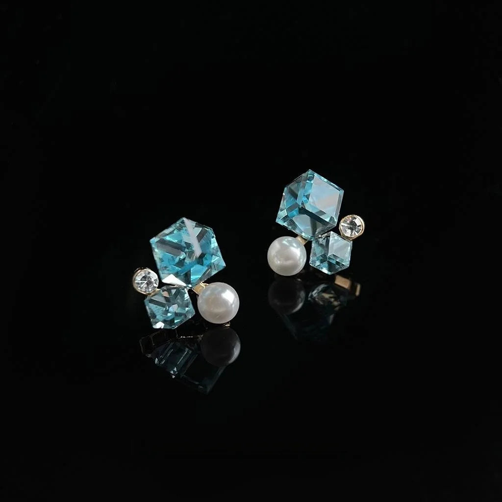 K9 Aquamarine Glass Crystal Sugar Cube Geometric Stud Earrings Fresh Sweet Commuter Style