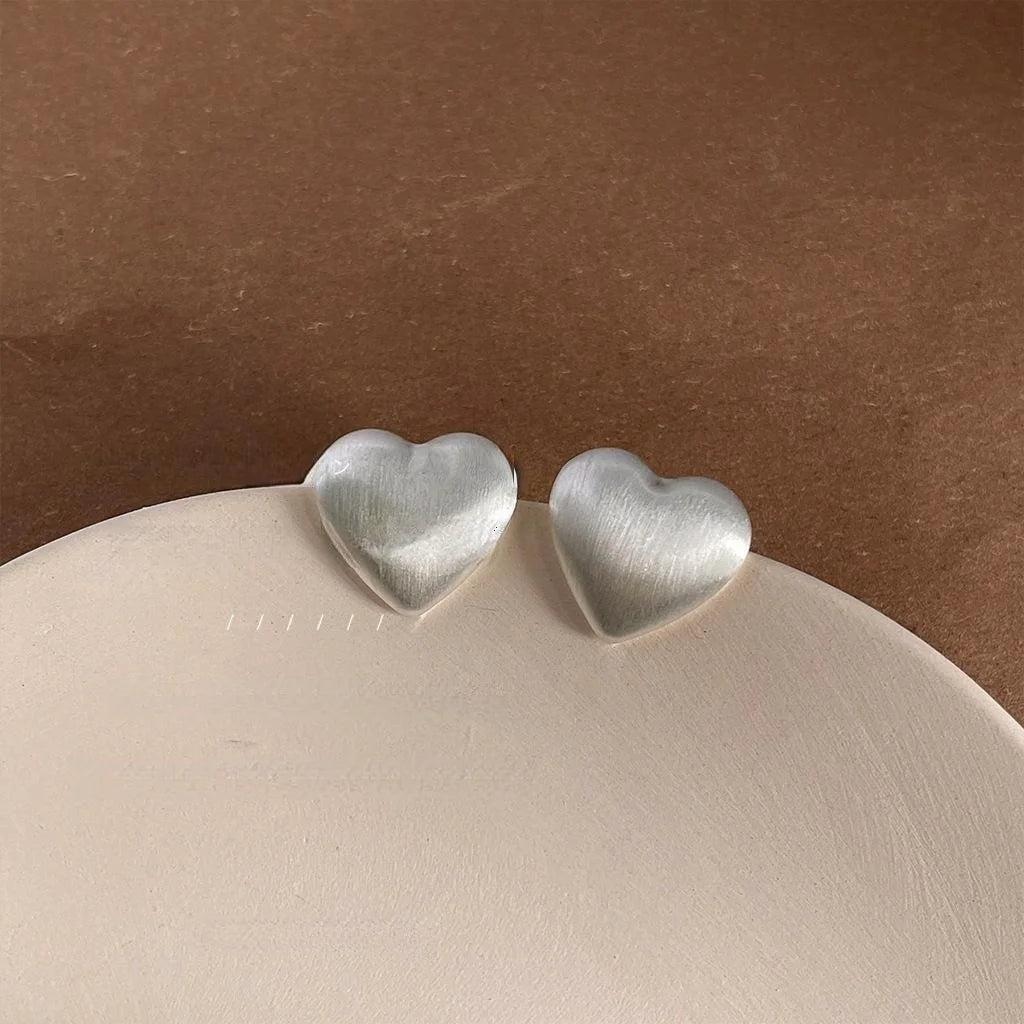 Brushed Matte Heart Stud Earrings Copper Silver Plated Pin Minimalist Everyday Jewelry