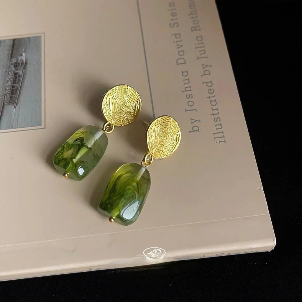 Matte Gradient Green Resin Round Stud Earrings Silver Plated Pin Forest Fairy Summer Jewelry