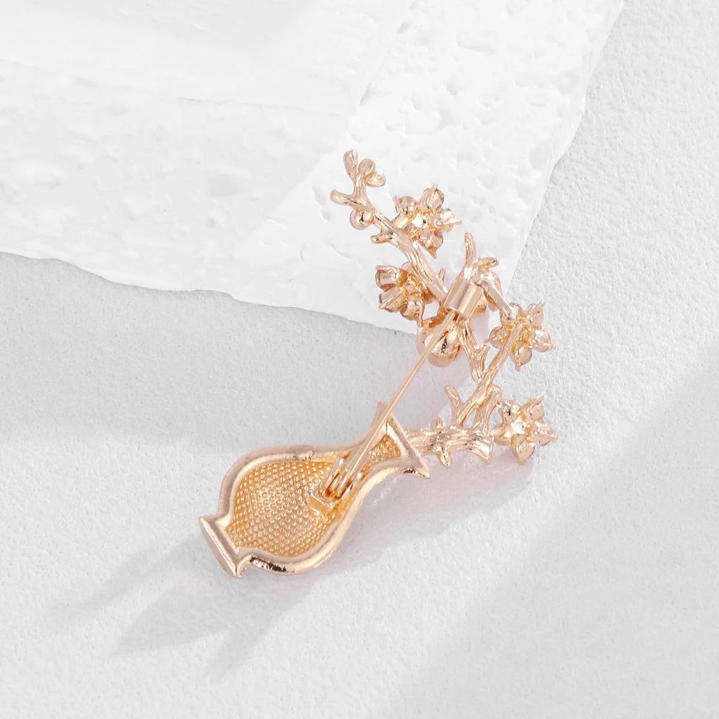 Vintage Plum Blossom Vase Brooch With Rhinestone And Mother Of Pearl, Elegant Floral Lapel Pin Gift