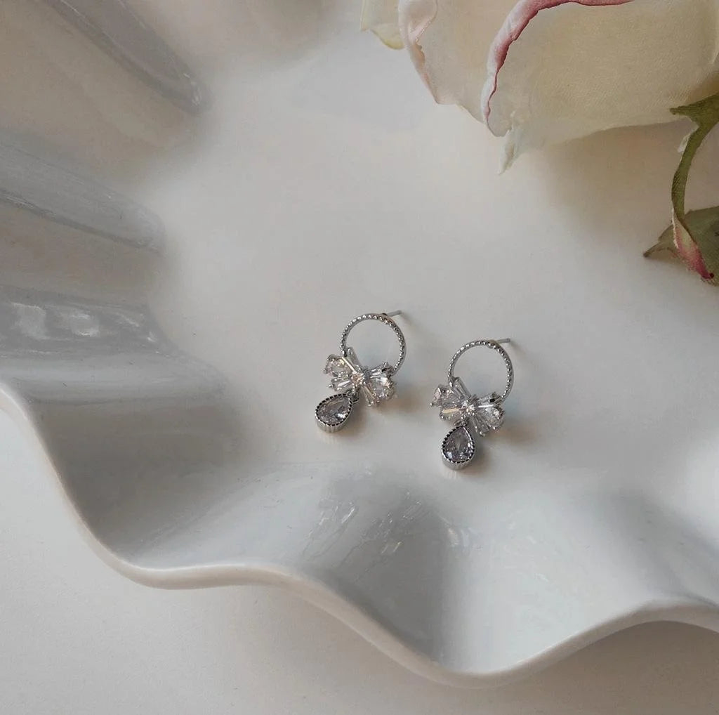 Zircon Bow Drop Earrings Silver Plated Sweet Pastoral Korean Style Jewelry