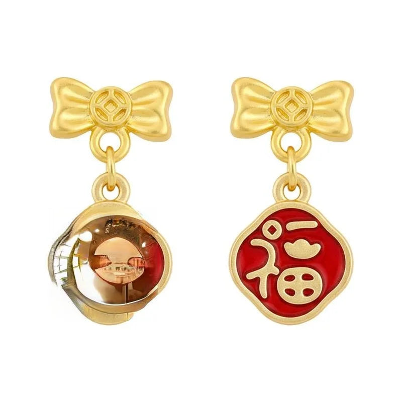 Chinese New Year Bow Fu Drop Earrings Matte Copper For Women