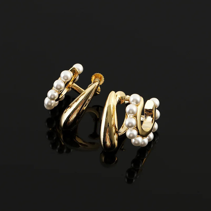Elegant Gold Alloy Teardrop Double Layer Pearl Hoop Stud & Clip On No Piercing Women's Earrings