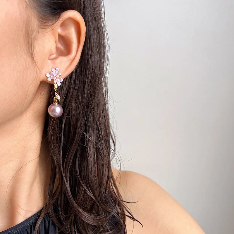 Elegant Purple Enamel Flower Spiral Pearl Drop Alloy Stud & Clip On No Piercing Fashion Earrings