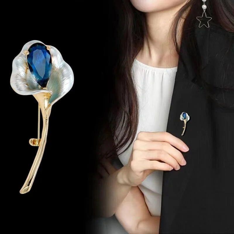 Elegant Calla Lily Flower Brooch With Blue Zircon Mother Of Pearl Petals, Luxury Lapel Pin Suit Corsage Gift