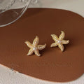 14K Gold Plated Copper Starfish Pearl Stud Earrings With Silver Plated Posts Elegant Style