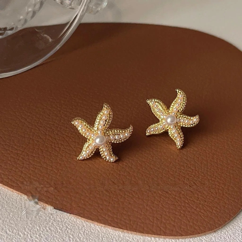 14K Gold Plated Copper Starfish Pearl Stud Earrings With Silver Plated Posts Elegant Style