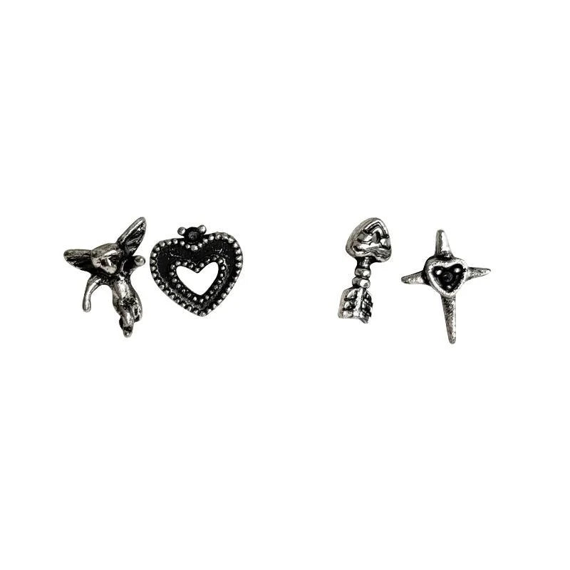 Antique Silver Tone Copper Heart Cupid Arrow Stud Earrings 4 Piece Vintage Mini Cross Jewelry