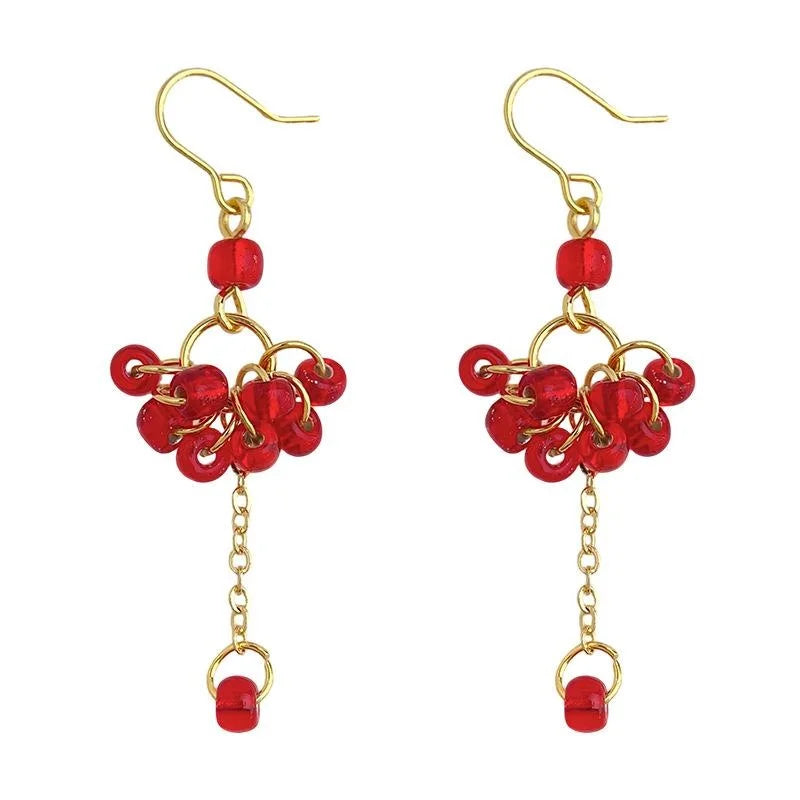 Vintage Palace Style Red Glass Bead Tassel Drop Earrings, Handmade Copper Geometric Firework Design