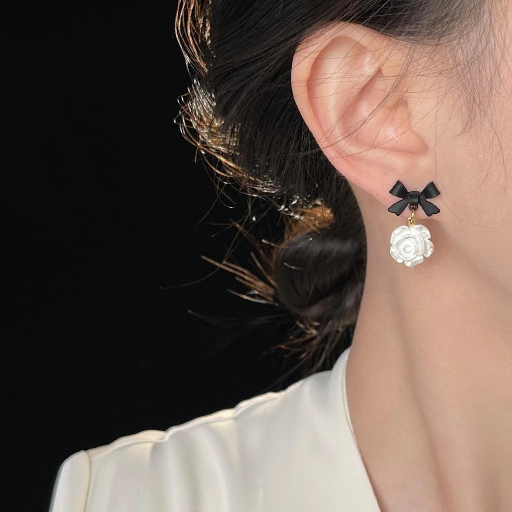 Resin Flower Bow Stud Earrings With Silver Plated Pins, Korean Japanese Statement Jewelry