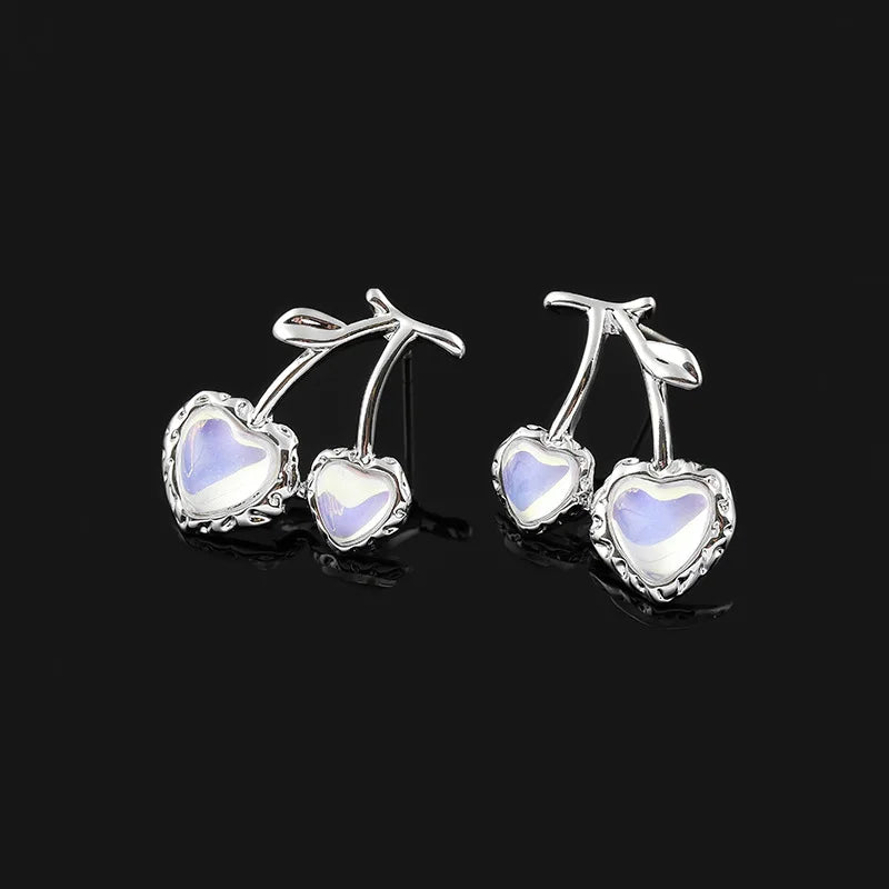 Elegant Silver Alloy Cherry Heart Opal Fruit Drop Stud & Clip On No Piercing Fashion Earrings