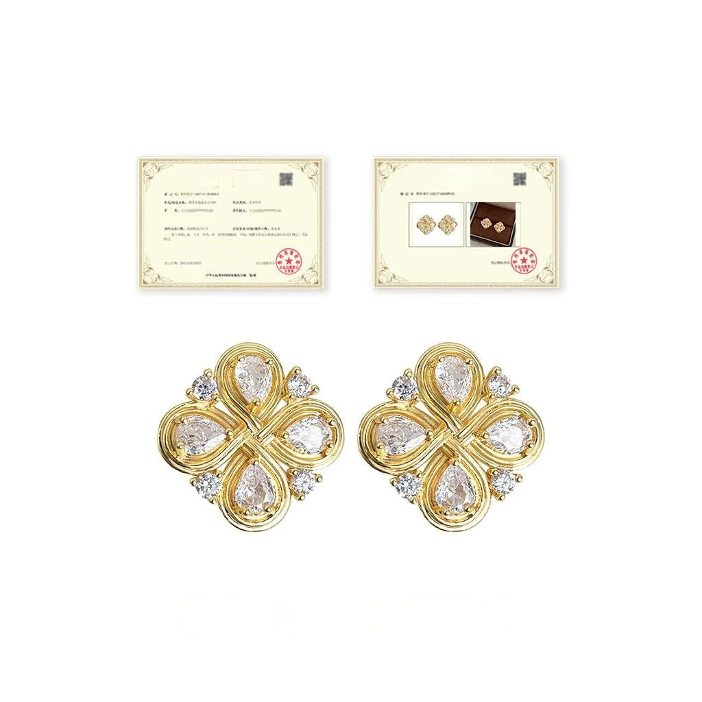 Vintage Chinese Knot Flower Geometric Zircon Copper Stud Earrings