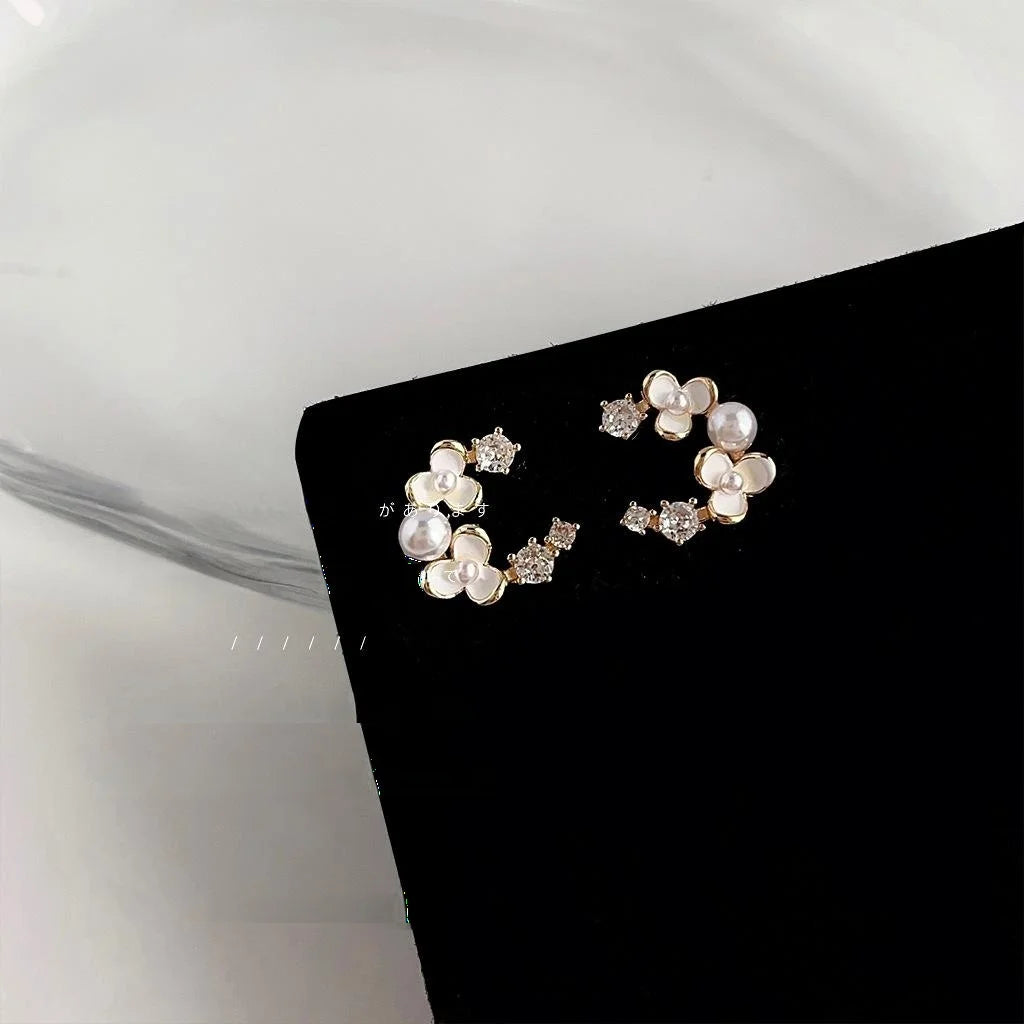 14K Gold Plated Copper Zircon Flower Stud Earrings Sweet Floral Jewelry