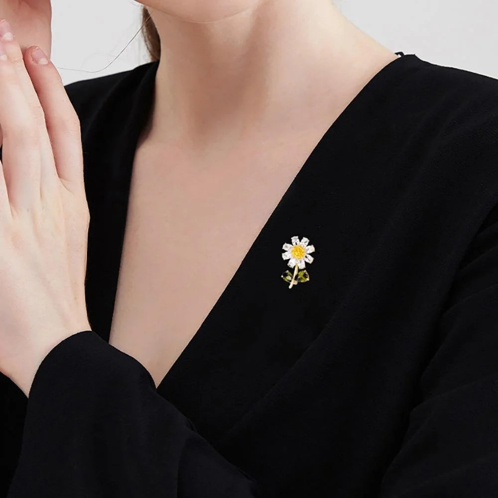 Elegant Enamel Sunflower Camellia Flower Brooch With Rhinestone Leaves, Luxury Lapel Pin Suit Accessory Gift