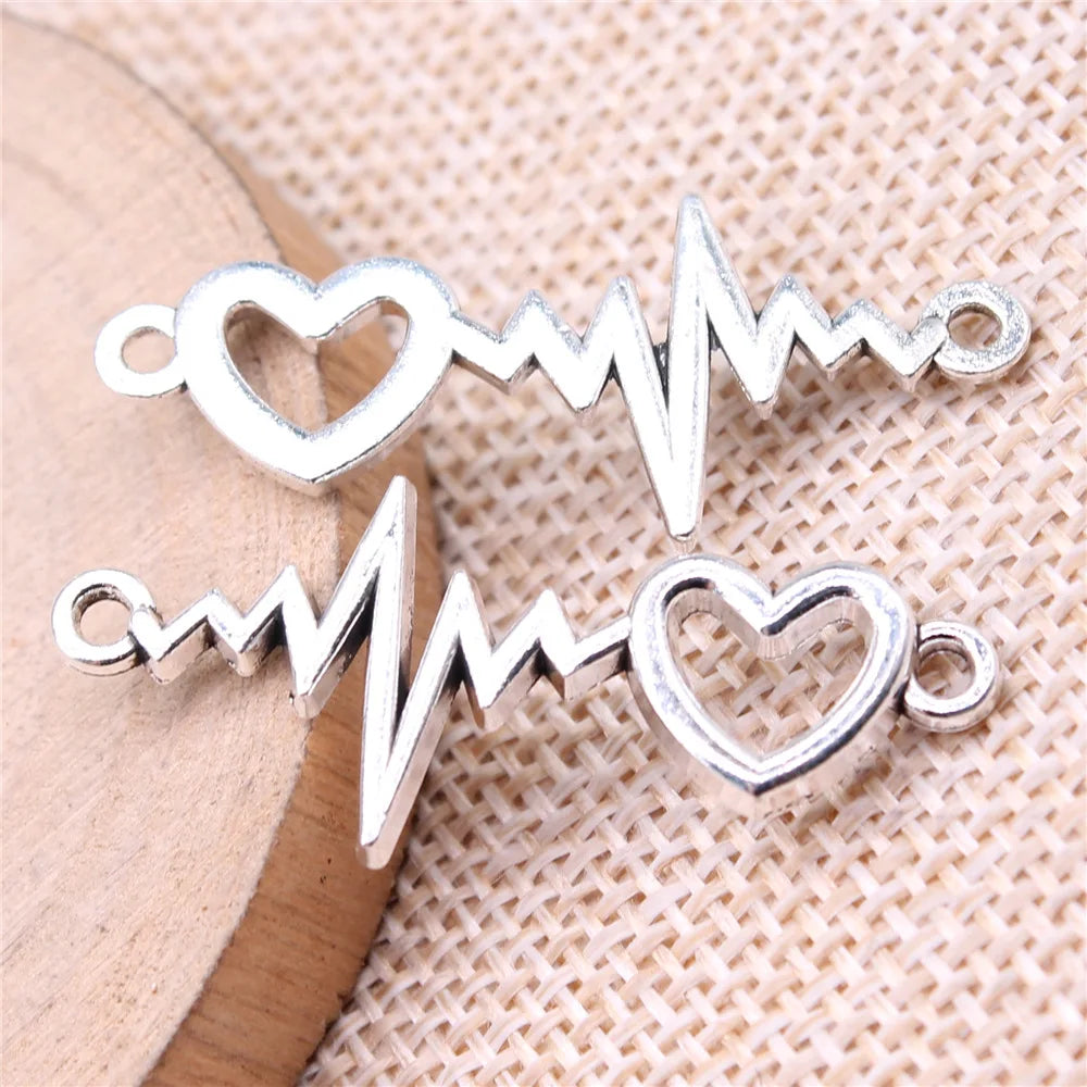 38x16mm 2.17g Antique silver zinc alloy Heart ECG connector charm pendant for DIY bracelet making