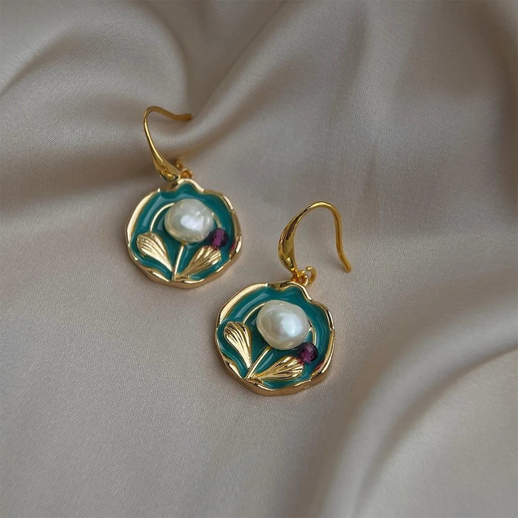 Copper Baroque Irregular Freshwater Pearl Hand Painted Floral Ethnic Vintage Drop Earrings