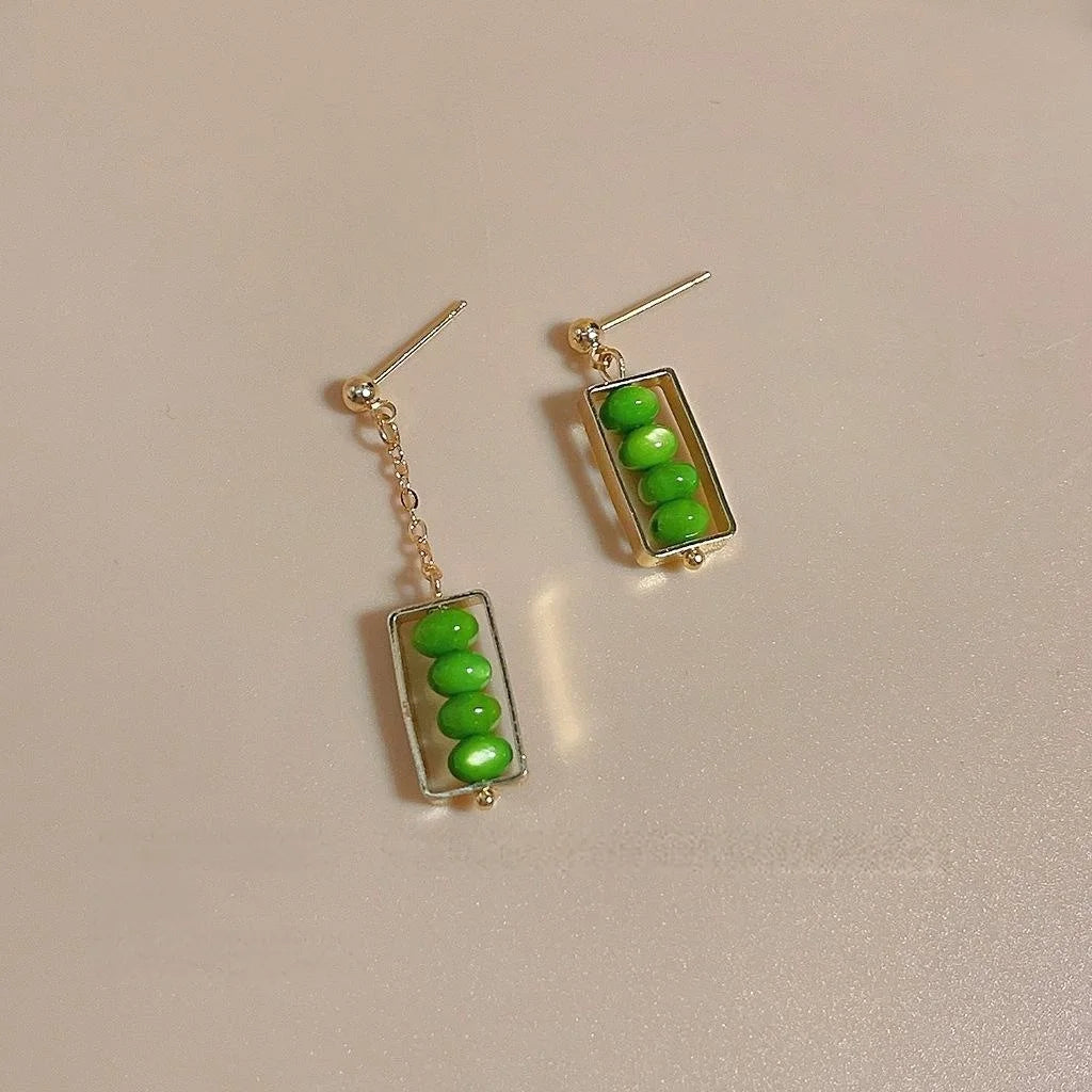Fresh Green Cat Eye Geometric Line Stud Earrings 14K Plated Copper Asymmetric Summer Jewelry