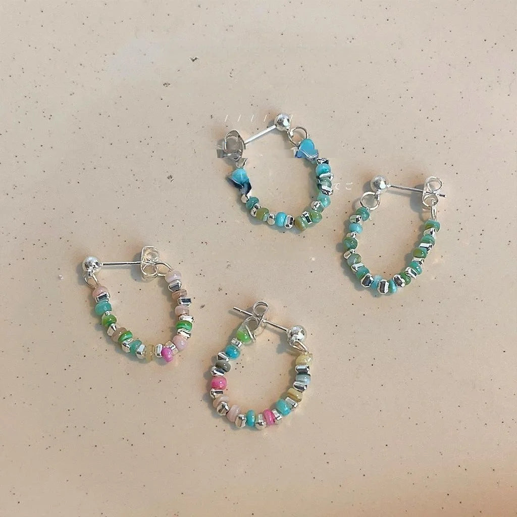 Dopamine Colorful Rice Bead Hoop Stud Earrings Sweet Handmade Copper Jewelry