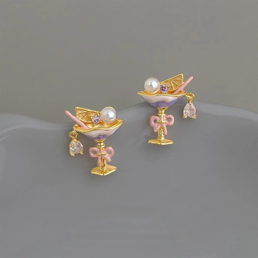 Sweet Style Wine Glass Stud Earrings Copper Zircon Micro Pave Pearl Painted Geometric Jewelry