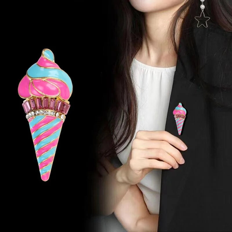 Cute Enamel Ice Cream Cone Brooch With Rhinestone Accents, Colorful Alloy Lapel Pin Corsage Gift