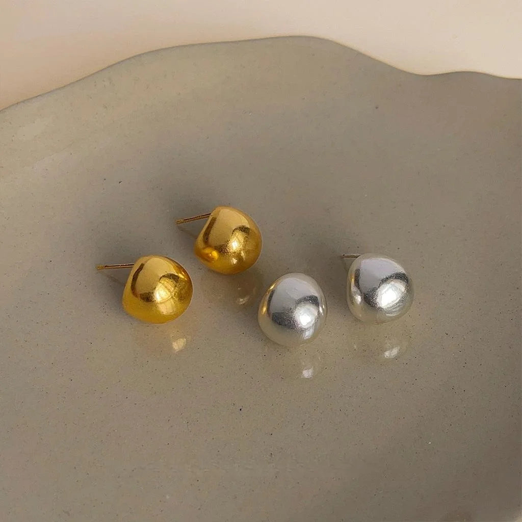 Vintage Matte Gold Bean Copper Stud Earrings For Women Geometric Round Commuter Jewelry