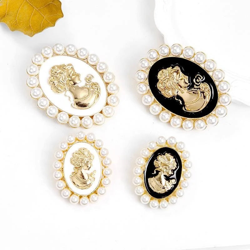 Vintage Baroque Lady Cameo Brooch With Faux Pearl And Enamel Frame, Elegant Lapel Pin Suit Accessory Gift